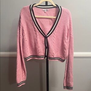 Fashion Nova Pink and Black Cable Knit Cardigan cropped #863